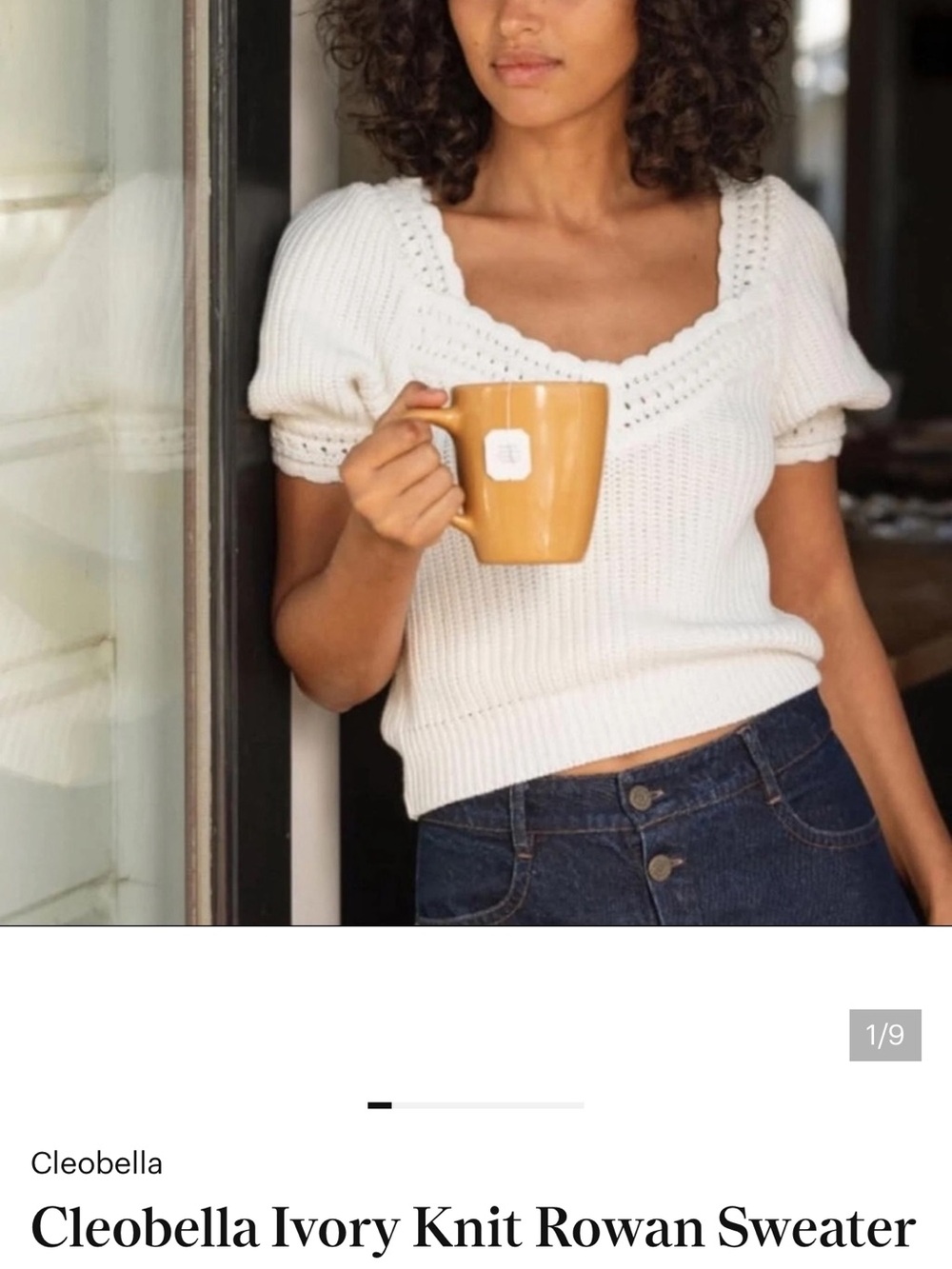 Cleobella Ivory Knit V-Neck Sweater with Puff Sleeves